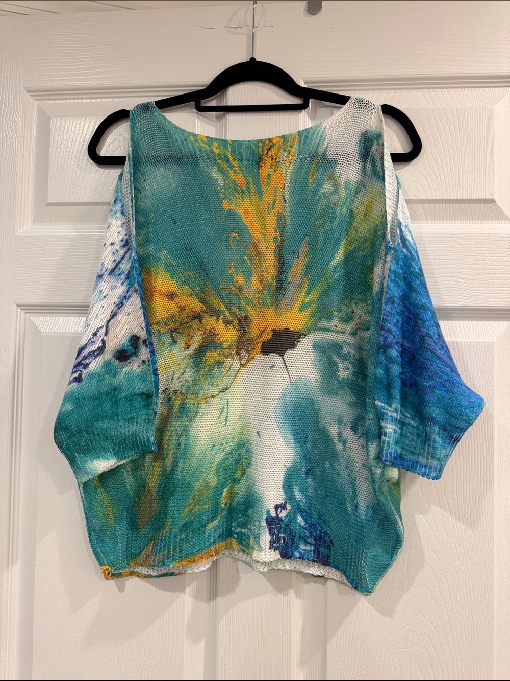 Abstract Teal & Yellow Drop-Shoulder Knit Pullover